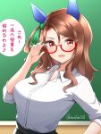  1girl absurdres animal_ears breasts brown_hair chalkboard ear_covers glasses hanafuda_(hanafuda0116) highres horse_ears horse_girl king_halo_(umamusume) looking_at_viewer open_mouth red_eyes shirt smile solo speech_bubble teacher twitter_username umamusume upper_body white_shirt 