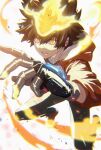  1boy black_gloves brown_hair fire gloves highres hood hoodie katekyo_hitman_reborn! long_sleeves looking_at_viewer male_focus myu060309 orange_eyes parted_lips red_hoodie sawada_tsunayoshi short_hair spiked_hair x_gloves_(reborn) 