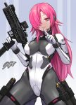  1girl barcode bodysuit breasts commission finger_to_mouth gun hair_over_one_eye headset holding holding_gun holding_weapon index_finger_raised long_hair looking_at_viewer magazine_(weapon) medium_breasts original pink_eyes pink_hair science_fiction signature skeb_commission skin_tight solo submachine_gun sunao_(70_the) thigh_strap trigger_discipline weapon weapon_request 