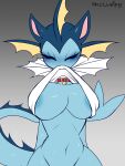  anthro areola bell bell_collar big_breasts blue_body blush breasts collar eeveelution eyes_closed female generation_1_pokemon hi_res mammal navel nintendo pokemon pokemon_(species) pukemilked rib_cage shirt_in_mouth skullwife slim small_waist solo tail vaporeon 