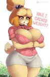  2023 absurd_res animal_crossing anthro big_breasts breasts canid canine canis cleavage clothed clothing dialogue digital_media_(artwork) domestic_dog english_text female fingers gammainks hair hi_res huge_breasts isabelle_(animal_crossing) mammal nintendo open_mouth shih_tzu solo text toy_dog 
