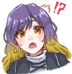  !? 1girl blonde_hair blush commentary_request cropped_torso gradient_hair hijiri_byakuren looking_at_viewer lowres multicolored_hair nostrils open_mouth orange_eyes purple_hair simple_background solo swept_bangs takana_(forsterite) touhou upper_body white_background 