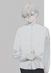  1boy absurdres arm_at_side closed_mouth clothes_grab covered_eyes cowboy_shot dentooo0 frown grey_hair hair_behind_ear hair_over_one_eye hand_on_own_stomach highres long_sleeves looking_away looking_down male_focus original shirt short_hair solo 