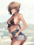  1girl alternate_costume bikini bikini_top_only black_bikini blurry blurry_background breasts brown_hair closed_mouth collarbone denim denim_shorts floral_print from_side green_eyes hair_between_eyes highres kantai_collection kasumi_(skchkko) large_breasts looking_at_viewer looking_to_the_side mutsu_(kancolle) short_hair shorts sideboob smile solo swimsuit 