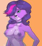  2013 anthro anthrofied bird_dog blue_eyes breasts canid canine canis cavalier_king_charles_spaniel domestic_dog eichh_emmm female fur gradient_background hair hasbro hunting_dog littlest_pet_shop littlest_pet_shop_(2012) mammal multicolored_hair nipples purple_body purple_fur signature simple_background solo spaniel toy_dog two_tone_hair zoe_trent 