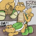  absurd_res anal anal_penetration anthro artist_name balls close-up clothing digital_media_(artwork) digital_painting_(artwork) doggystyle duo finger_wag floor footwear from_behind_position genitals grey_background hi_res huge_filesize koopa koopa_troopa male male/male mario_bros nintendo penetration pink_gump reptile scalie sex shoes simple_background speech_bubble tail tail_motion tailwag turtle 