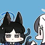  2girls :&lt; animal_ears black_eyes black_hair blue_archive blue_background blue_halo cat_ears cat_tail closed_mouth grey_halo halo haori japanese_clothes jazz_jack kayoko_(blue_archive) kikyou_(blue_archive) lowres multicolored_hair multiple_girls multiple_tails red_eyes short_hair simple_background tail two_tails white_hair 