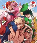  1girl 4boys armlet artist_name ashido_mina bakugou_katsuki black_nails blonde_hair blue_eyes blue_overalls boku_no_hero_academia bowser bowser_(cosplay) bracelet carrying_over_shoulder castle closed_eyes collar colored_skin cosplay crossover crown dress elbow_gloves gloves green_eyes green_hair green_headwear green_shirt hat heart highres horns hug jewelry kirishima_eijirou luigi luigi_(cosplay) mario mario_(cosplay) mario_(series) middle_finger midoriya_izuku multiple_boys naagyoo one_eye_closed open_mouth outdoors outline overalls pink_dress pink_gloves pink_hair pink_skin princess_peach princess_peach_(cosplay) red_hair red_headwear red_shirt sharp_teeth shirt short_hair spiked_armlet spiked_bracelet spiked_collar spiked_shell spikes tail teeth toad_(mario) toad_(mario)_(cosplay) todoroki_shouto tongue tongue_out watermark white_gloves white_outline 