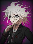  1boy :o black_jacket breast_pocket chain collar collarbone danganronpa_(series) danganronpa_2:_goodbye_despair danganronpa_another_episode:_ultra_despair_girls green_eyes grey_eyes grey_hair highres index_finger_raised jacket komaeda_nagito looking_at_viewer medium_hair messy_hair metal_collar open_clothes open_jacket pink_background pocket servant_(danganronpa) solo suiren_yurei upper_body 