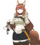  1girl animal_ears arknights arm_behind_back black_collar black_pants breasts bright_pupils brown_eyes brown_hair character_doll collar cow cropped_shirt fox_ears fox_girl fox_tail franka_(arknights) franka_(rainforest_me_rainbow)_(arknights) grin highres leaf leaf_on_head liskarm_(arknights) long_hair long_sleeves looking_at_viewer medium_breasts midriff navel official_alternate_costume pants sheath sheathed shirt simple_background smile solo tail white_background white_pupils white_shirt yu_yanshu 