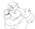  2023 anaugi anthro belly_overhang big_breasts bikini black_and_white breasts burger canid canine canis clothing domestic_dog eating english_text female food hachimitsu hair hair_over_eye holding_food holding_object huge_hips huge_thighs mammal monochrome obese obese_female one_eye_obstructed overweight overweight_female scar signature simple_background sketch solo standing swimwear text thick_thighs white_background 