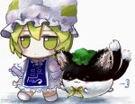  2girls :3 animal_ears blonde_hair blue_tabard blush_stickers cat_ears cat_tail chen closed_mouth dress full_body fumo_(doll) green_headwear hair_between_eyes hakutaku hat highres mob_cap multiple_girls multiple_tails nekomata tabard tail touhou two_tails white_dress white_headwear yakumo_ran yakumora_n yellow_eyes 