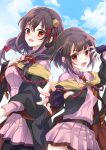  2girls absurdres belt black_cloak black_gloves blue_sky blush braid brown_belt brown_hair brown_necktie cloak crown_braid day dress fingerless_gloves gloves hair_ornament hair_ribbon hand_up highres kono_subarashii_sekai_ni_bakuen_wo! kono_subarashii_sekai_ni_shukufuku_wo! long_hair long_sleeves looking_at_viewer megumin multiple_girls necktie open_mouth orange_necktie pink_dress pink_skirt pleated_skirt poppu reaching reaching_towards_viewer red_eyes red_prison_magic_school_uniform red_ribbon ribbon school_uniform short_hair skirt sky striped_necktie two-tone_necktie yunyun_(konosuba) 