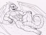  abs animal_humanoid anthro claws dragon genitals grin hand_on_leg horn humanoid looking_away lying male membrane_(anatomy) membranous_wings muscular nameless00 on_back penis scalie scalie_humanoid slit smile solo spread_legs spread_wings spreading tail teeth ven_(kodiak3d) wings 