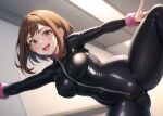  1girl ai-generated ass_visible_through_thighs bodysuit breasts brown_hair cameltoe latex latex_bodysuit looking_at_viewer non-web_source open_mouth short_hair smile solo uraraka_ochako 