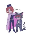  2boys animal_ears black_hair black_headwear blue_jacket blue_pants blush cabbie_hat cape closed_eyes commentary_request fake_animal_ears full_body glasses hair_over_one_eye hand_on_another&#039;s_head hat headpat highres jacket long_sleeves male_focus master_detective_archives:_rain_code multiple_boys open_mouth own_hands_together pants parimi_(tobari) pink-framed_eyewear pink_cape red_hair round_eyewear short_hair simple_background sitting smile standing tail tail_wagging white_background yomi_hellsmile zilch_alexander 