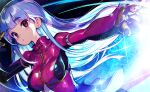  1girl arm_strap blue_hair blush bodysuit breasts chestnut_mouth commentary dark_background gauntlets gloves hand_up kula_diamond leather_suit light_blue_hair long_hair looking_at_viewer medium_breasts onono_imoko outstretched_arm red_eyes sidelocks solo sparkle the_king_of_fighters thick_eyebrows upper_body yellow_gloves zipper 