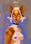  absurd_res anthro bat big_ears blonde_hair breasts cute_expression ear_piercing female hair hi_res makkuroscar mammal morhawks nipple_piercing nipples piercing portrait purple_eyes purple_nipples short_hair solo spots spotted_body yellow_body 