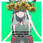  1girl arms_behind_back bare_arms bare_shoulders bow bowtie buttons character_name closed_mouth commentary dated flower grey_hair happy_birthday highres kusanagi_nene leaf long_hair looking_at_viewer low_tied_sidelocks outside_border pink_bow pink_bowtie project_sekai purple_eyes sleeveless smile solo sunflower teacrown 