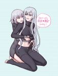  2girls ak-15_(girls&#039;_frontline) angry arianaleonardo barefoot girls&#039;_frontline grey_hair happy highres holding_hands hug hug_from_behind long_hair multiple_girls plugsuit purple_eyes rpk-16_(girls&#039;_frontline) short_hair yuri 