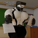  1:1 2023 3d_(artwork) albalbalb alphabet_(mike_salcedo) animate_inanimate anthro beard big_pecs black_body black_bottomwear black_clothing black_pants black_skin black_text bottomwear chalkboard classroom clothing digital_media_(artwork) english_text f_(mike_salcedo) facial_hair fangs frown frowning_at_viewer grade hi_res holding_object holding_paper homework humanoid jacket looking_at_viewer male muscular pants paper pecs school solo teeth text topwear white_clothing white_jacket white_topwear 