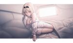  1girl absurdres an-94_(girls&#039;_frontline) bed bed_sheet black_hairband blonde_hair blue_eyes breasts cleavage collared_shirt commentary curtains emile_aoi english_commentary girls&#039;_frontline hairband highres indoors long_hair long_sleeves looking_at_viewer medium_breasts naked_shirt no_pants off_shoulder on_bed open_clothes pillow shirt smile solo thighs white_shirt window 