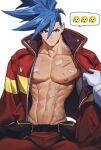  1boy absurdres bandaged_arm bandages bandaid bandaid_on_stomach belt_pouch blue_eyes blue_hair emoji firefighter firefighter_jacket frown gaeag_prma galo_thymos gloves highres injury jacket kray_foresight looking_at_viewer male_focus muscular muscular_male nipples no_shirt out_of_frame pants pectorals pouch promare scar scar_on_chest short_hair sidecut spiked_hair spoken_emoji sweat white_background white_gloves 