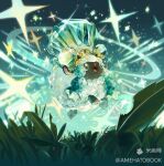 :d amehatobook animal_focus commentary_request full_body grass no_humans open_mouth outdoors pokemon pokemon_(creature) sheep sky smile solo terastallization tongue watermark wooloo 