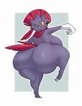  2023 anthro back_scar bedroom_eyes big_breasts big_butt breasts butt claws digital_media_(artwork) fangs female fur generation_4_pokemon hair half-closed_eyes huge_butt kaizocns looking_at_viewer looking_back multicolored_body multicolored_fur narrowed_eyes nintendo one_leg_up pokemon pokemon_(species) pose purple_body purple_fur raised_leg rear_view red_body red_eyes red_fur red_hair red_tail scar seductive sharp_teeth simple_background solo tail teeth thick_thighs toe_claws two_tone_body two_tone_fur weavile white_background 