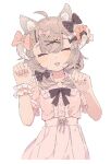  1girl :3 ahoge animal_ear_fluff animal_ears blouse blush bow brown_bow cat_ears center_frills closed_eyes collared_dress commentary_request dress facing_viewer frilled_shirt frills hair_between_eyes hair_bow hair_ornament hanasaki_ayame hands_up horns kaizuka_(mintfield) kemonomimi_mode kuusou_code_plus light_brown_hair long_hair open_mouth paw_pose pink_bow pink_shirt polka_dot polka_dot_bow puffy_short_sleeves puffy_sleeves shirt short_sleeves simple_background skirt solo upper_body virtual_youtuber white_background white_bow white_skirt wrist_cuffs x_hair_ornament 