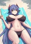  1girl absurdres android beach beach_mat bikini blue_eyes breasts breasts_apart brown_hair closed_mouth covered_nipples highres large_breasts long_hair looking_at_viewer lying navel on_back poppi_(xenoblade) poppi_qtpi_(xenoblade) robot sand smile solo stomach string_bikini swimsuit tirari9336_(mochila9336) xenoblade_chronicles_(series) xenoblade_chronicles_2 