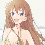  1girl :d bare_shoulders bikini blue_eyes blush braid breasts brown_hair cleavage collarbone demirinz floral_print idolmaster idolmaster_million_live! idolmaster_million_live!_theater_days kousaka_umi long_hair looking_at_viewer medium_breasts open_mouth print_bikini smile solo swimsuit teeth twin_braids upper_body upper_teeth_only white_background yellow_bikini 