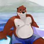  2023 anthro belly black_nose bottomwear clothing detailed_background hi_res humanoid_hands male mammal moobs mountain mustelid nipples otter outside overweight overweight_male shorts sitting solo uiojk water 