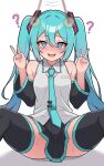  1girl :d ? @_@ aqua_eyes aqua_hair aqua_necktie armpit_crease bare_shoulders black_skirt black_sleeves black_thighhighs blush breasts cleavage coin coin_on_string crotch_outline detached_sleeves double-parted_bangs double_v furrowed_brow grey_shirt hair_between_eyes hatsune_miku highres holed_coin hypnosis kumada_gaon long_hair looking_at_viewer m_legs medium_breasts mind_control motion_lines necktie nose_blush on_floor open_mouth pendulum pleated_skirt shirt simple_background sitting skirt smile solo sweat thighhighs thighs twintails v very_long_hair vocaloid w_arms white_background 