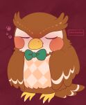  2018 angrimator animal_crossing avian bird blathers_(animal_crossing) bow_tie bow_tie_only brown_body chibi full-length_portrait green_bow_tie male mostly_nude nintendo owl portrait red_background signature simple_background sleeping solo 