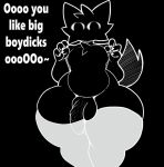  anthro balls big_balls big_butt big_eyes big_penis black_background black_body black_fur boy_kisser_(meme) brainwashing bulge butt chest_tuft clothing domestic_cat english_text felid feline felis fluffy fluffy_tail fur genitals girly huge_butt legwear male mammal penis raised_hand scary silly_cat_(mauzymice) simple_background slightly_chubby solo tail text thick_thighs thigh_highs tuft unknown_artist white_clothing white_text wide_hips 