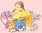  :3 :d ^_^ aimi_(aimia492) artist_name blush brown_eyes cheese closed_eyes closed_mouth commentary_request cyndaquil dated eating food hugging_object looking_at_viewer marill minccino no_humans open_mouth pink_background pokemon pokemon_(creature) rattata red_eyes simple_background sitting smile sparkle teeth twitter_username u_u 