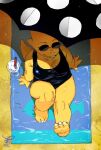  2023 3_toes alphys anthro beach beach_towel beach_umbrella black_clothing black_one-piece_swimsuit black_swimwear clothing eyewear feet female nam one-piece_swimsuit reptile sand scales scalie seaside solo sunglasses swimwear toes towel undertale_(series) yellow_body yellow_scales 