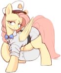  aer0_zer0 anthro bow_tie clothing crotch_breasts equid equine eyeshadow female fluttershy_(mlp) friendship_is_magic fur hair hasbro hat headgear headwear hi_res horse makeup mammal milkmaid_(profession) my_little_pony pink_hair pony solo uniform yellow_body yellow_fur 