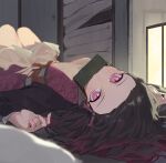  1girl asa_no_ha_(pattern) bamboo bit_gag black_hair blush checkered_sash commentary_request forehead gag gagged gradient_hair hair_ribbon highres japanese_clothes kamado_nezuko kimetsu_no_yaiba kimono kji_(rozo) long_hair long_sleeves looking_at_viewer lying multicolored_hair obi on_back pillow pink_eyes pink_kimono pink_ribbon ribbon sash solo very_long_hair 