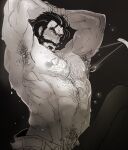  1boy abs armpit_hair armpits arms_up bara beard blush body_hair chest_hair facial_hair forked_eyebrows graves_(league_of_legends) greyscale hair_slicked_back hairy karipaku large_pectorals league_of_legends looking_away male_focus male_pubic_hair mature_male monochrome muscular muscular_male mustache navel navel_hair nipple_piercing nipple_pull nipple_rings nipples open_pants pants pectorals piercing pubic_hair pubic_hair_peek short_hair solo_focus sparkling_sweat stomach sweat thick_eyebrows topless_male 