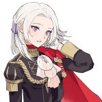  1girl alternate_hair_length alternate_hairstyle black_jacket cape edelgard_von_hresvelg fire_emblem fire_emblem:_three_houses garreg_mach_monastery_uniform gloves hair_ribbon hand_in_own_hair highres ikaikakka jacket long_hair long_sleeves purple_eyes purple_ribbon red_cape ribbon shoulder_cape simple_background solo upper_body white_background white_gloves white_hair 