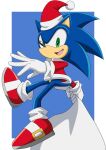  1boy blue_fur furry furry_male gloves hat hedgehog hedgehog_ears highres open_mouth red_footwear riokasen santa_costume santa_hat sega sonic_(series) sonic_the_hedgehog white_gloves 