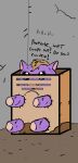  ambiguous_gender baby_talk bodily_fluids box brown_hair cardboard cardboard_box carniviousduck concrete_wall container crying english_text feral fluffy_pony food fruit fur grape hair hi_res plant purple_body purple_fur solo tears text wall_(structure) 
