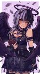  1girl angel angel_wings arm_strap artist_request bare_shoulders belt black_choker black_dress black_feathers black_hair black_halo black_nails black_wings blunt_bangs blush book breasts choker cleavage dress dress_ribbon feathered_wings feathers grey_hair hair_intakes hair_ornament halo highres holding holding_book hololive hololive_english long_hair looking_at_viewer melting_halo multicolored_hair nail_polish ribbon shiori_novella simple_background smile solo split-color_hair striped_arm_warmers two-tone_hair virtual_youtuber white_ribbon wings yellow_eyes 