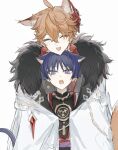  2boys angry animal_ears cat_ears cat_tail closed_eyes earrings extra_ears fox_boy fox_ears fox_tail fur-trimmed_jacket fur_trim genshin_impact highres hug hug_from_behind jacket jewelry male_focus multiple_boys open_mouth orange_hair purple_eyes purple_hair scaramouche_(genshin_impact) shiki_fanart smile tail tartaglia_(genshin_impact) white_jacket yaoi 