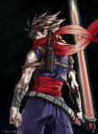  1boy bandaged_arm bandages belt brown_hair indesign looking_at_viewer male_focus ninja plasma_sword red_scarf scarf signature simple_background solo spiked_hair strider_(video_game) strider_hiryuu sword weapon 