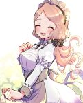  1girl breasts closed_mouth clothes_lift dress dress_lift fire_emblem fire_emblem:_three_houses fire_emblem_heroes gogatsu_(yeaholiday) hair_ribbon hand_on_own_chest light_brown_hair long_hair low_ponytail maid maid_headdress medium_breasts mercedes_von_martritz mercedes_von_martritz_(tea_party) official_alternate_costume open_mouth ribbon solo waitress 