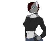 absurd_res alpha_channel anthro blue_eyes bottomwear bra caxy caxy_creations choker clothed clothing collarbone_piercing davina_seltz denim denim_clothing eyebrow_piercing facial_piercing female hi_res hip_piercing hybrid jeans jewelry necklace pants piercing solo underwear 