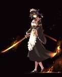  1girl absurdres black_background burning_clothes fiery_footsteps flame_trail flaming_sword flaming_weapon full_body glasses highres holding holding_sword holding_weapon ishiyumi katana maid_headdress original simple_background solo standing sword triforce wa_maid weapon 